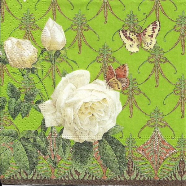 4 Serviettes en papier Rose Blanche Papillon Format Cocktail Decoupage Decopatch 1209-13042 Atelier - Photo n°1