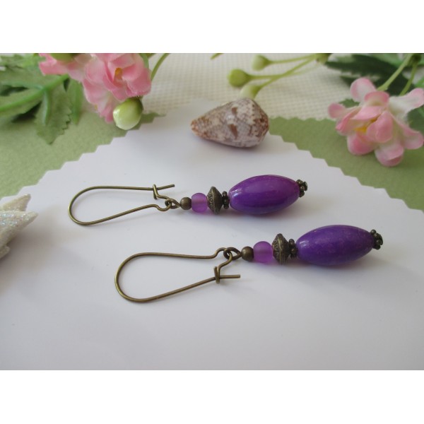 Kit de boucles d'oreilles apprêts bronzes et perle olive en verre violet - Photo n°1