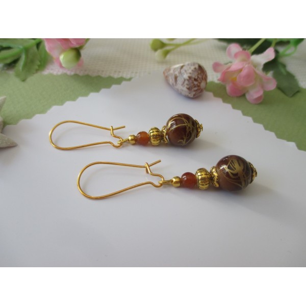 Kit boucles d'oreilles apprêts dorés et perle en verre marron - Photo n°1