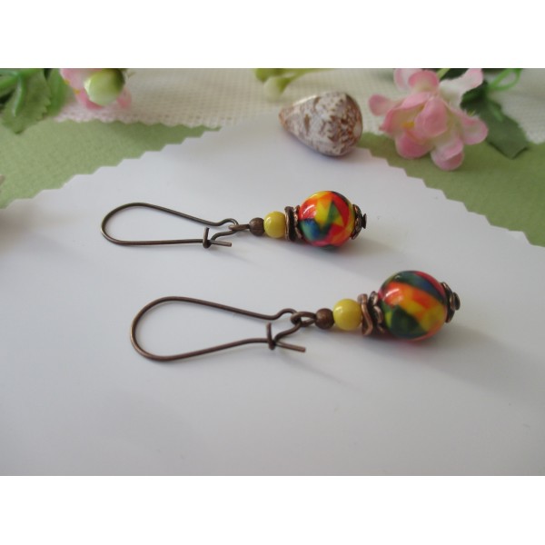 Kit de boucles d'oreilles apprêts cuivre et perle à motif multicolore - Photo n°1