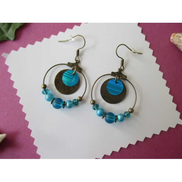Kit de boucles d'oreilles créoles bronze et perles bleues - Photo n°2