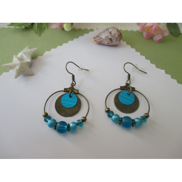 Kit de boucles d'oreilles créoles bronze et perles bleues - Photo n°1