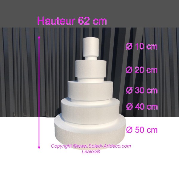 Pièce montée Wedding Cake, Hauteur 62 cm, Base Ø 50cm à 10cm, 5 étages en Polystyrène - Photo n°2