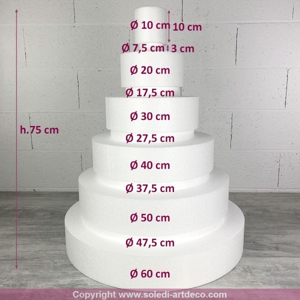 Pièce montée Wedding Cake, Hauteur 75 cm, Base Ø 60cm à 10cm, 6 étages en Polystyrène - Photo n°3