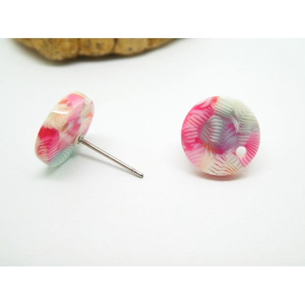 Paire de boucles d'oreille puce ronde en acétate - 12mm - imprimé fleurs Rose - Photo n°2
