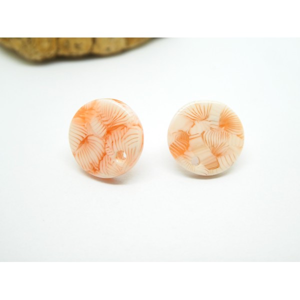 Paire de boucles d'oreille puce ronde en acétate - 12mm - imprimé fleurs Corail - Photo n°1