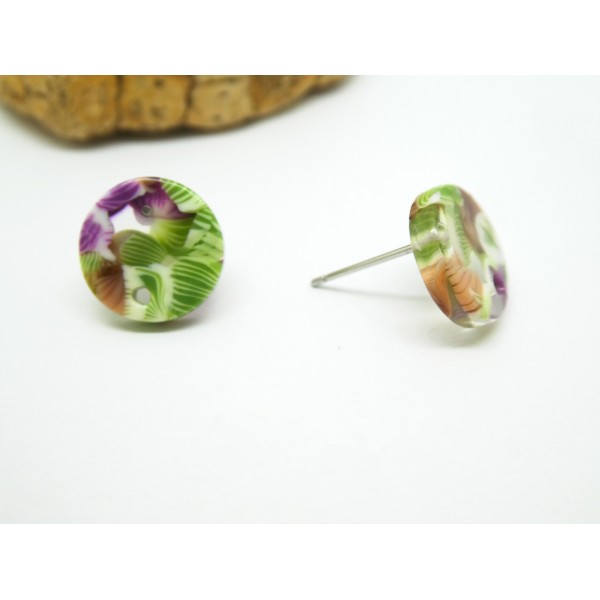 Paire de boucles d'oreille puce ronde en acétate - 12mm - imprimé fleurs Violet - Photo n°2