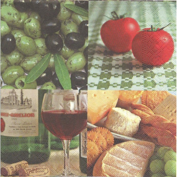 4 Serviettes en papier Provence Tomate Olive Vin Fomage Format Lunch Decoupage 74327 Nouveau - Photo n°1