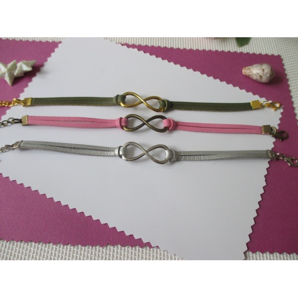 Kit de bracelet suédine faux cuir rose, kaki et argenté avec lien infini - Lot de 3 - Photo n°1