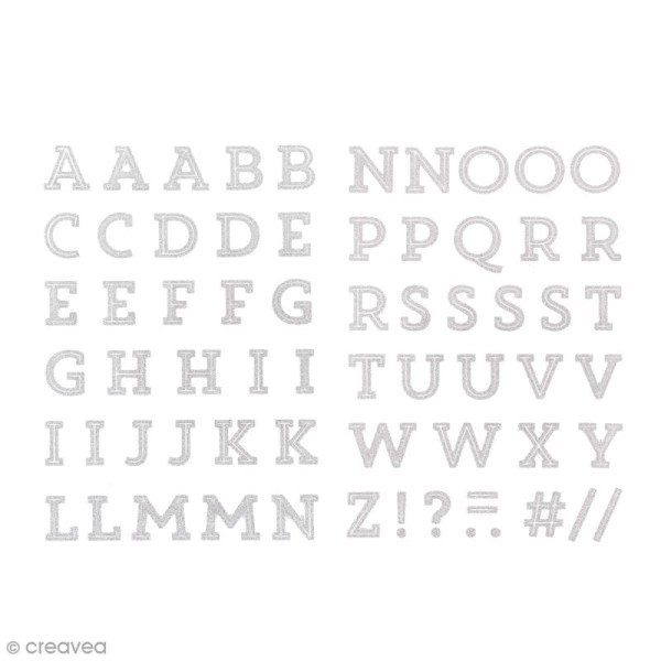 Ecussons thermocollants Alphabet gris argenté pailleté - 2,5 cm de hauteur - 65 pcs - Photo n°1