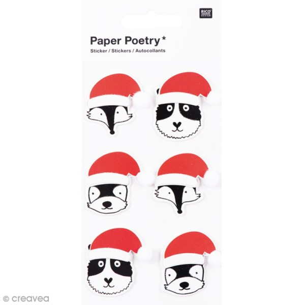Sticker 3D Noël - Animaux avec bonnet - 6 pcs - Photo n°1