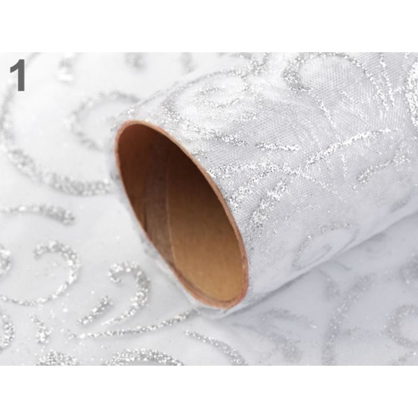 4,5 m 1 White Silver Tissu Organza Avec des Paillettes Ornements Largeur 36 Cm, Et Satin Décoratifs, - Photo n°1