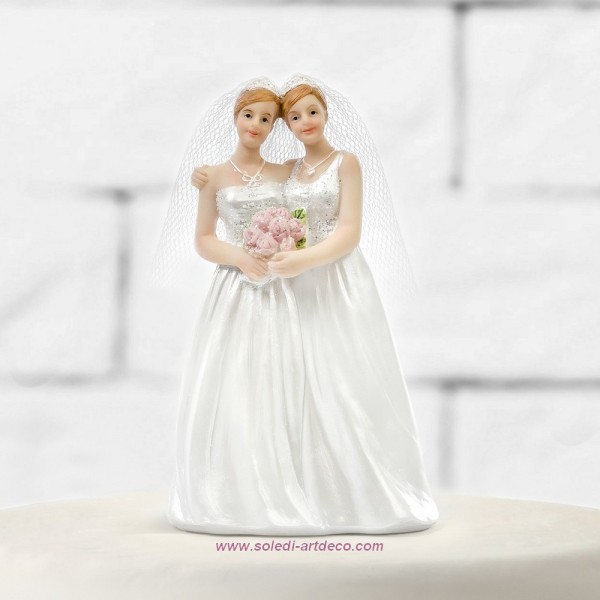 Figurine Couple de mariées Femmes en robe de mariage, en Résine, haut. 11 cm - Photo n°1