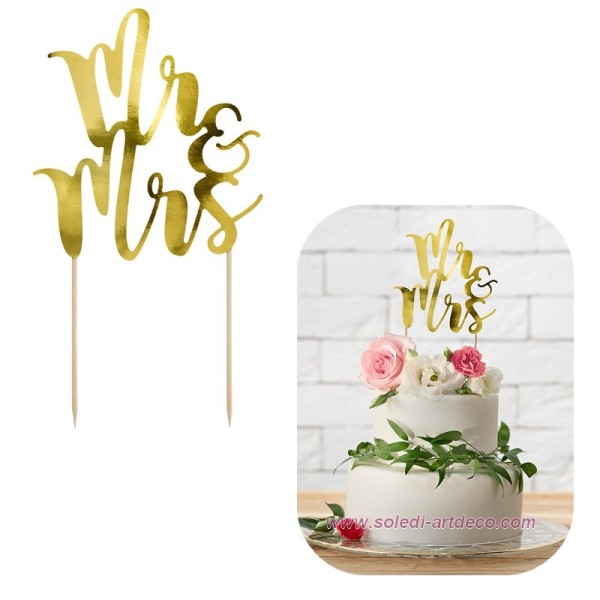 Cake topper Mr & Mrs Doré cartonné, haut. 25,5 cm, décor pour gâteau de mariage - Photo n°2