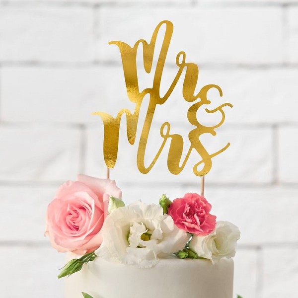 Cake topper Mr & Mrs Doré cartonné, haut. 25,5 cm, décor pour gâteau de mariage - Photo n°1