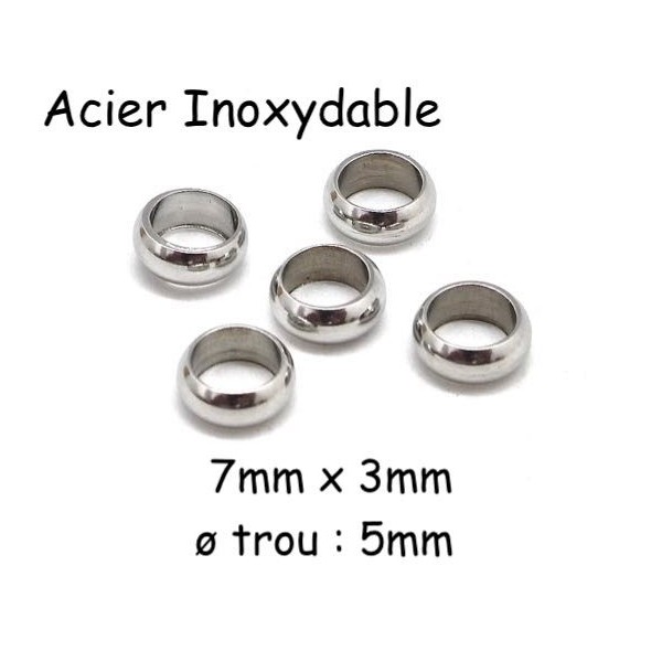 10 Perles Ronde 7mm À Gros Trou En Acier Inoxydable Argenté - Rondelle Donut 7mm X 3mm - Photo n°1