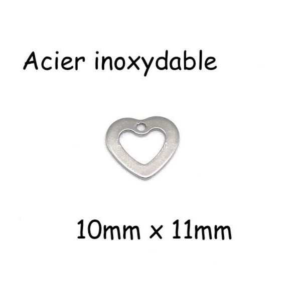 10 Petites Breloques Coeur Évidé Argenté En Acier Inoxydable 10mm X 11mm - Photo n°1