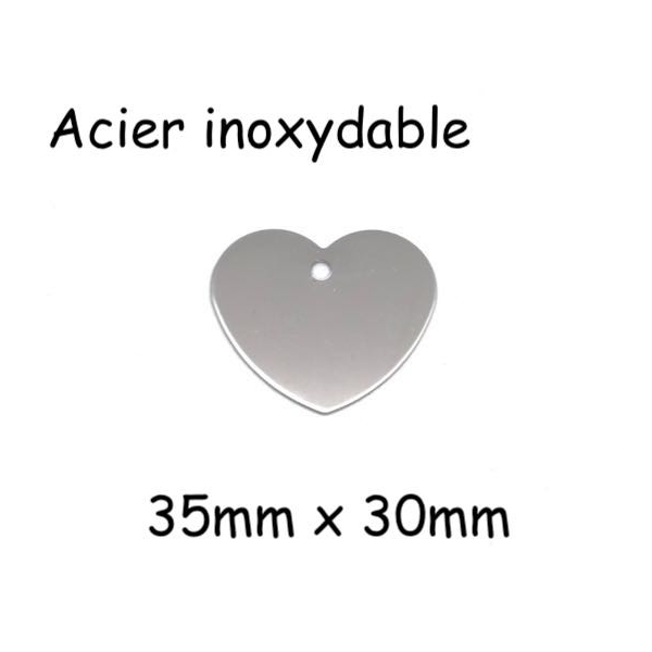 2 Pendentifs Coeur Argenté En Acier Inoxydable Pouvant Être Gravé - 30mm X 35mm - Photo n°1