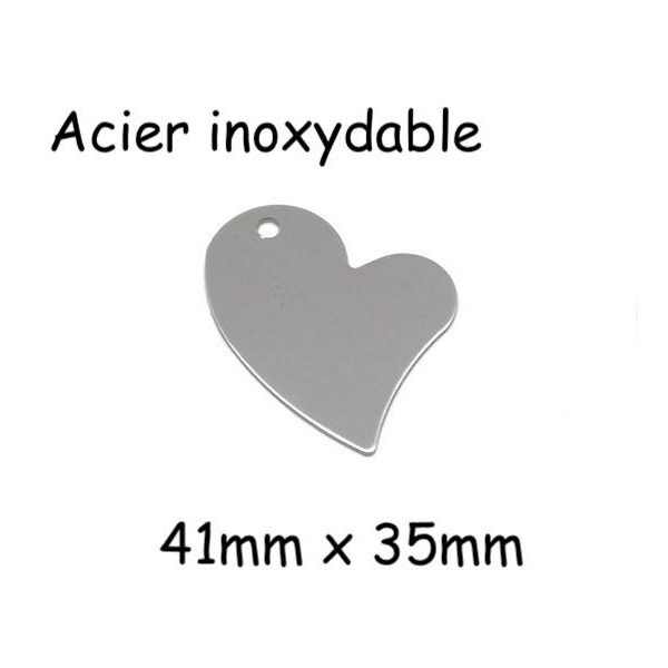 2 Pendentifs Coeur Stylisé Argenté En Acier Inoxydable Pouvant Être Gravé - 41mm X 35mm - Photo n°1