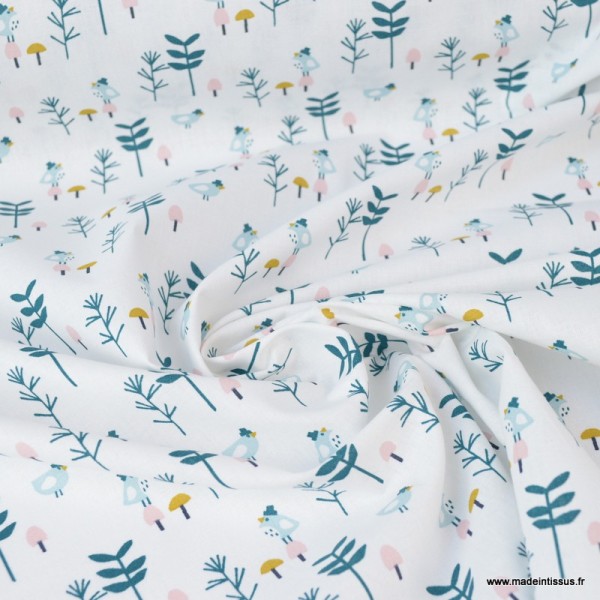 Tissu coton imprimé oiseaux et branches Paon et rose fond Blanc - Oeko tex - Photo n°2