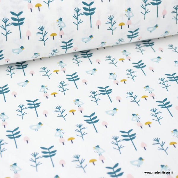 Tissu coton imprimé oiseaux et branches Paon et rose fond Blanc - Oeko tex - Photo n°1