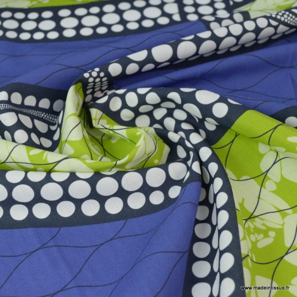 Tissu Wax popeline imprimé spirales bleu et vert pistache - label oeko tex - Photo n°2