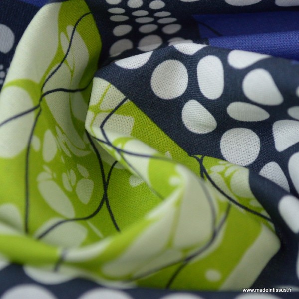 Tissu Wax popeline imprimé spirales bleu et vert pistache - label oeko tex - Photo n°3