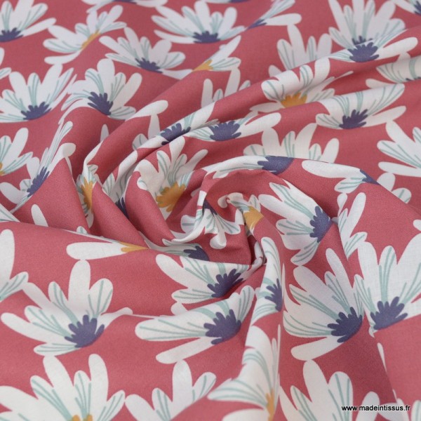 Tissu coton imprimé fleurs de Lotus Myriel blanches fond Brandy. Oeko tex - Photo n°2