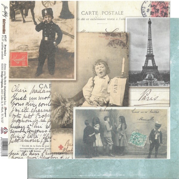 Feuille Papier Scrapbooking Carte Postale Paris Vintage Tim Holtz 0737 22,9x22,9 imprimé recto-verso - Photo n°1
