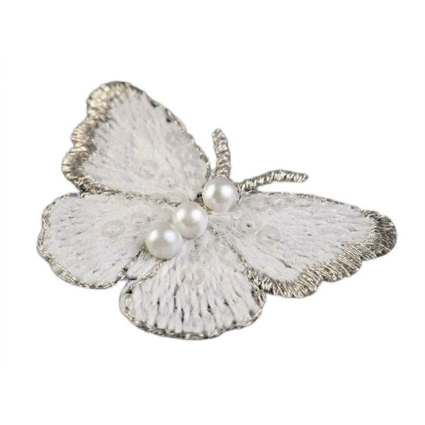 2pc Ff Blanc, Brodé de Papillons Applique Avec Fausses Perles Petites, Coudre-sur les taches, Coudre - Photo n°3