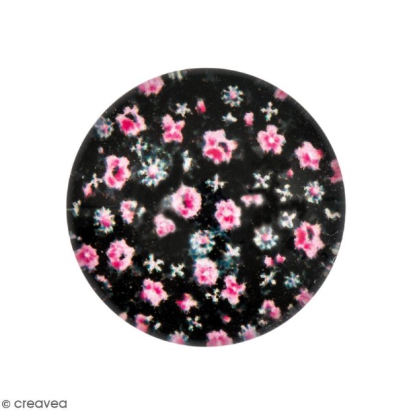 Cabochon Rond - Fleurs roses - Noir - 12 mm - Photo n°1