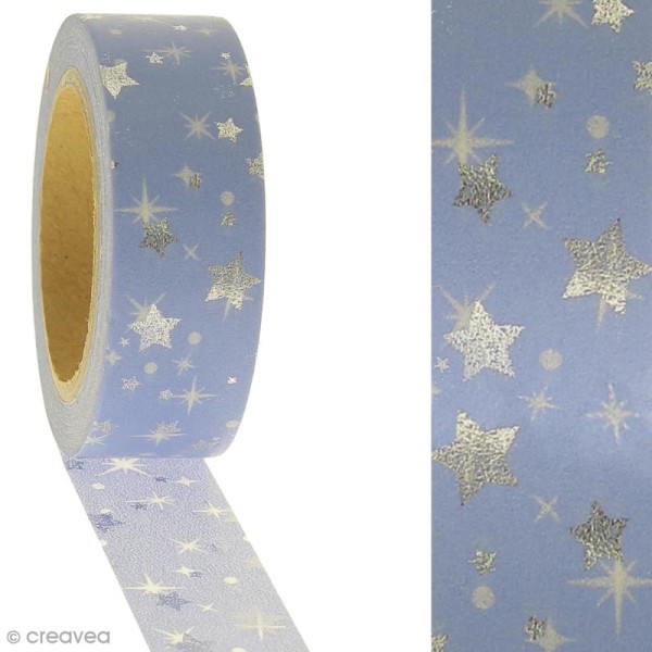 Masking tape Foil Etoiles argentées sur fond Bleu clair - 1,5 cm x 10 m - Photo n°2
