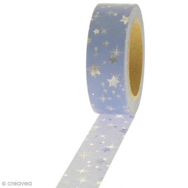 Masking tape Foil Etoiles argentées sur fond Bleu clair - 1,5 cm x 10 m - Photo n°1