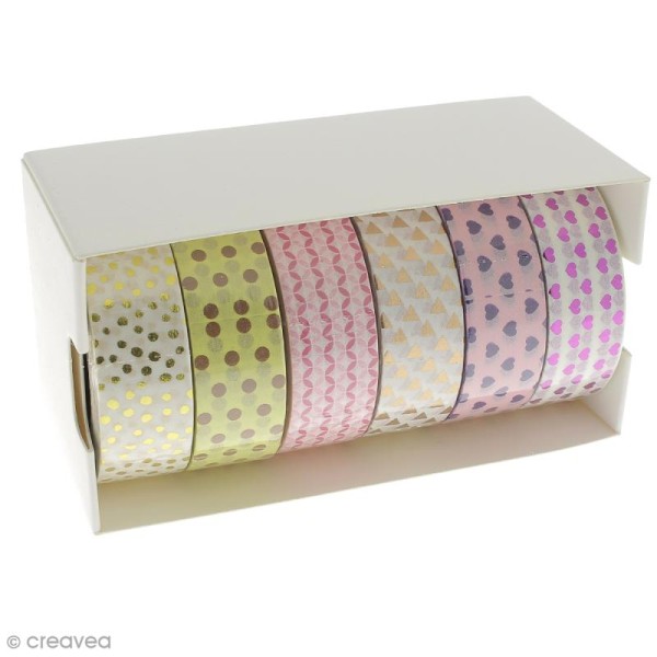 Assortiment Masking tape Foil - Pois, coeur, triangles - Doré, rose, violet - 1,5 cm x 10 m - 6 pcs - Photo n°2