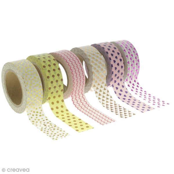 Assortiment Masking tape Foil - Pois, coeur, triangles - Doré, rose, violet - 1,5 cm x 10 m - 6 pcs - Photo n°1