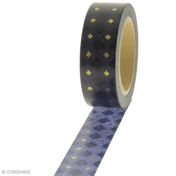 Masking tape Carrés dorés sur fond Bleu marine - 1,5 cm x 10 m - Photo n°1