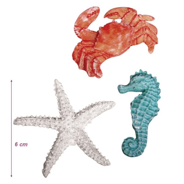 Lot de 3 Animaux de mer adhésifs, en Résine, dim. 4 à 6 cm, décoration maritime, hippocampe, crabe - Photo n°1
