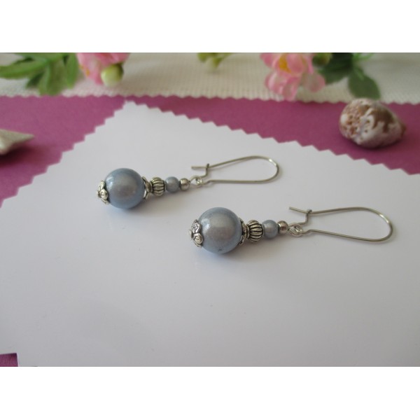 Kit boucles d'oreille perles magique bleu gris et apprêts argent mat - Photo n°1