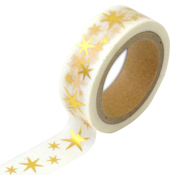 Masking Tape Foil - Etoiles dorées sur fond blanc - 1,5 cm x 10 m - Photo n°1