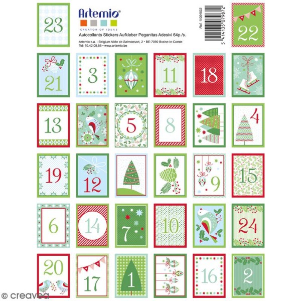 Stickers timbres décoratifs - Noël Classique Avent - 3,3 x 2,7 cm - 64 pcs - Photo n°1