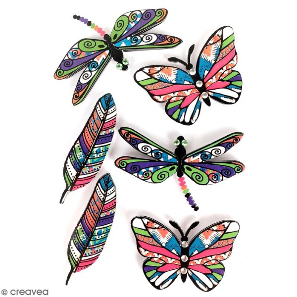 Stickers 3D Papillon plume libellule - 6 autocollants - Photo n°1