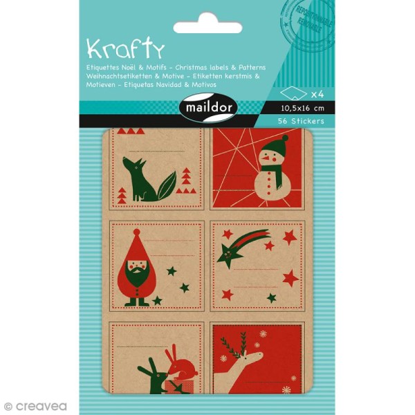 Stickers étiquettes Kraft - Noël rouge et vert - 56 pcs - Photo n°1