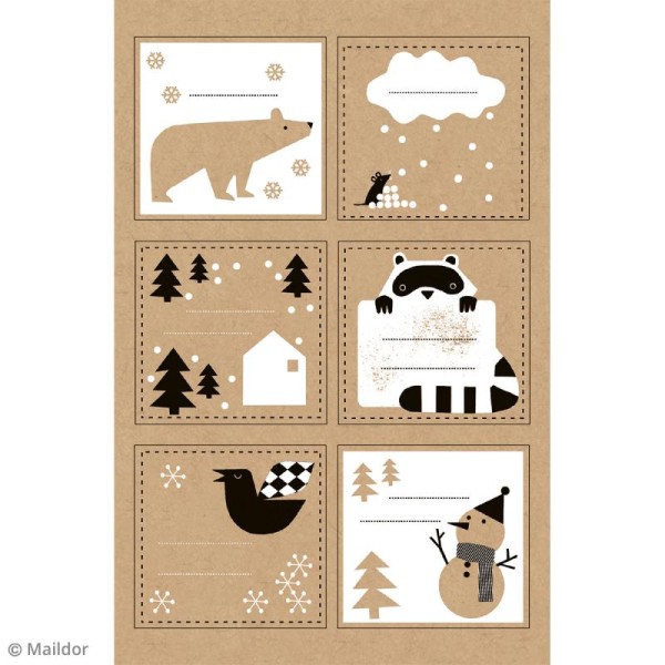 Stickers étiquettes Kraft - Noël noir et blanc - 52 pcs - Photo n°2