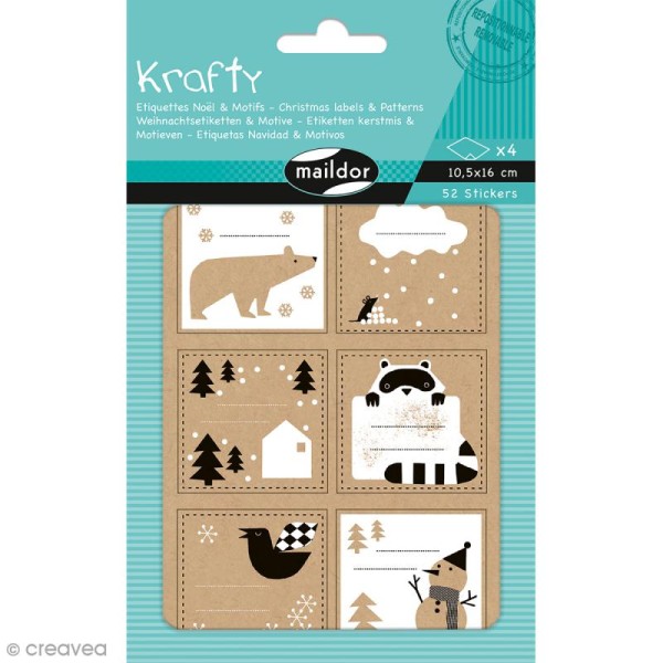 Stickers étiquettes Kraft - Noël noir et blanc - 52 pcs - Photo n°1
