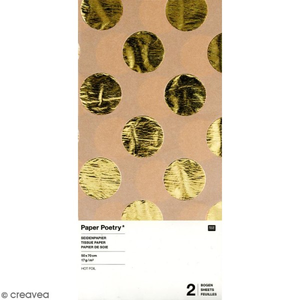 Papier de soie - Pois dorés sur fond marron naturel - 50 x 70 cm - 2 pcs - Photo n°1