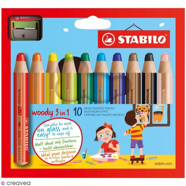 STABILO Woody 3 en 1 - 10 crayons de coloriage + 1 taille-crayon - Photo n°1