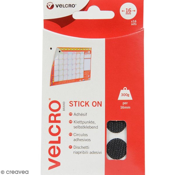Pastilles Velcro auto agrippantes - A coller - Noir - 16 mm - 16 pcs - Photo n°1