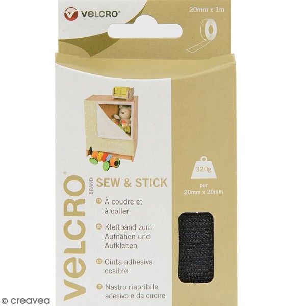 Ruban Velcro pour tissus - A coller ou à coudre - Noir - 20 mm x 1 m - Photo n°1