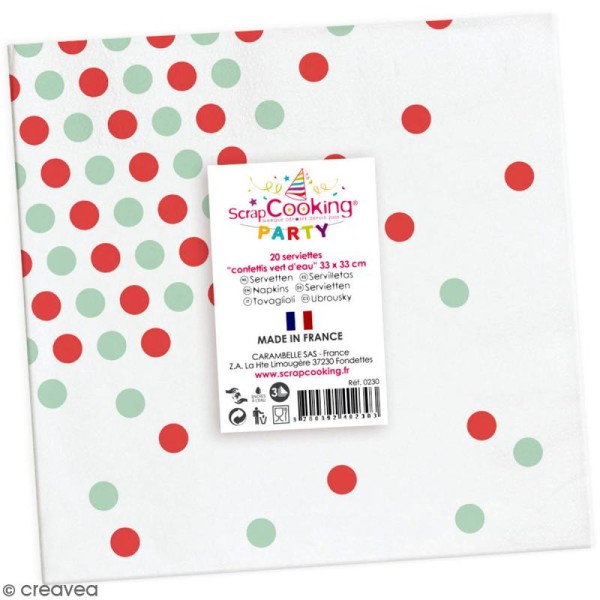 Serviettes en papier Confettis rouges et vert d'eau - 33 x 33 cm - 20 pcs - Photo n°2
