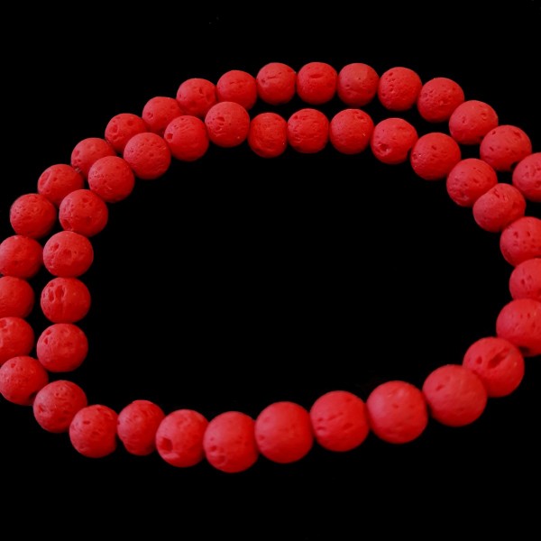 Fil de 62 perles rondes 6mm 6 mm en pierre de lave rouge teintée - Photo n°2